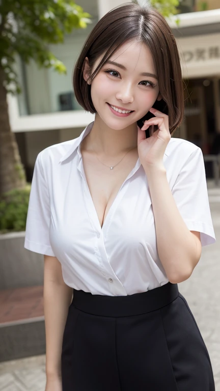 Tabletop, 最high quality, Photorealistic, In detail, High resolution,Beautiful Japanese Women,Beautiful attention to detail, Beautiful lip detail, Highly detailed face, Small Head, Small areola, Cinema Lighting, Realistic, 8k, high quality, Super detailed, look at me,smile,(Dress shirt),( Pencil Skirt:1.2),(short hair:1.2),(Random outdoor locations),(Medium chest:1.2),(Portraiture:1.3),thin,Beautiful legs,(Cleavage:1.3),(Sexy pose),mini skirt, (Bokeh:1.3) (Black Pantyhose:1.2),Riho Yoshioka