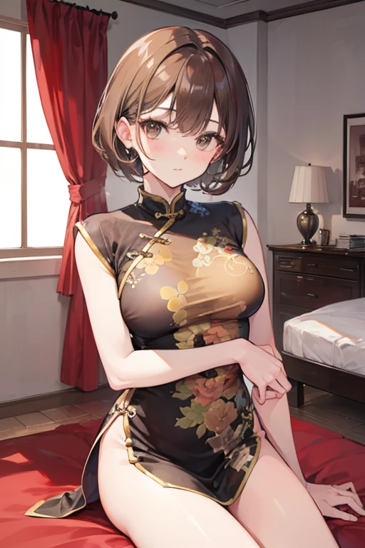 masterpiece, Highest quality, High resolution, One girl, alone, short hair, Brown Hair, Brown eyes, Bedroom、((pantyhose))、(China dress)