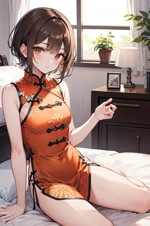 masterpiece, Highest quality, High resolution, One girl, alone, short hair, Brown Hair, Brown eyes, Bedroom、((pantyhose))、(China dress)