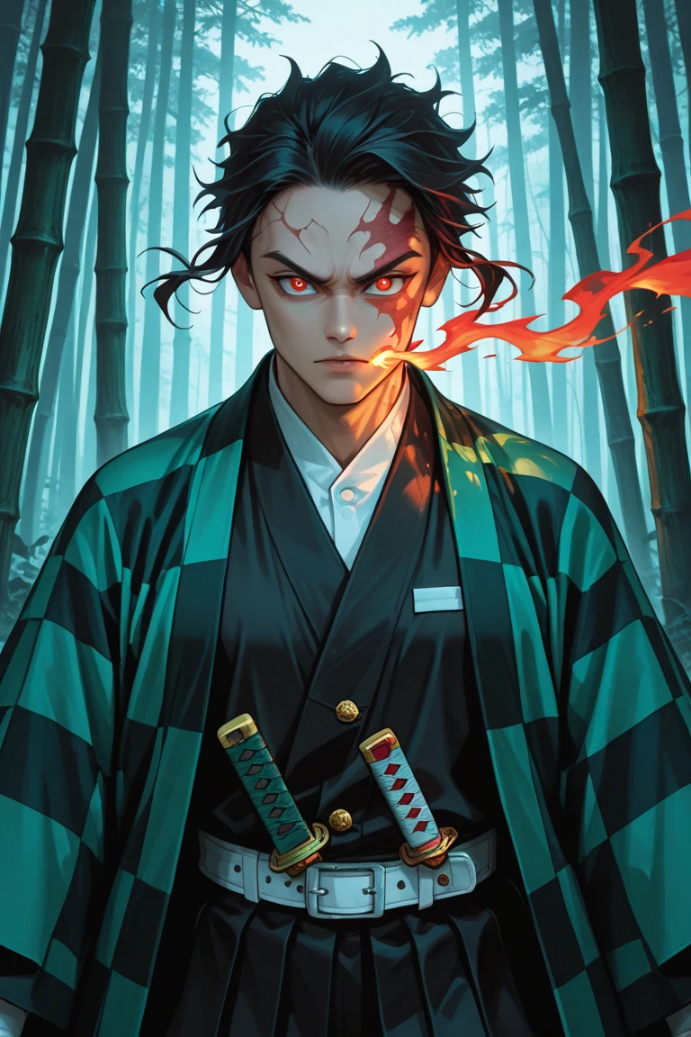 black haired man red ryes eyes like a frog have sharp teeth kimono algae all over the body in the water forest flood rain male