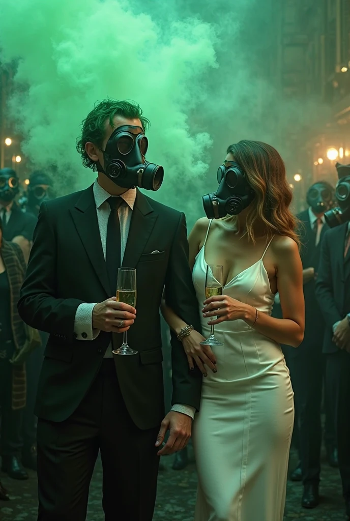 A couple, two young people who are close,、Thick Fogに包まれた1930sのロンドンにて、Men and women dressed for a ball get out of a black car.、the woman is holding the man's hand, both are wearing gas masks for poison gas.、Thick Fog、1930s、