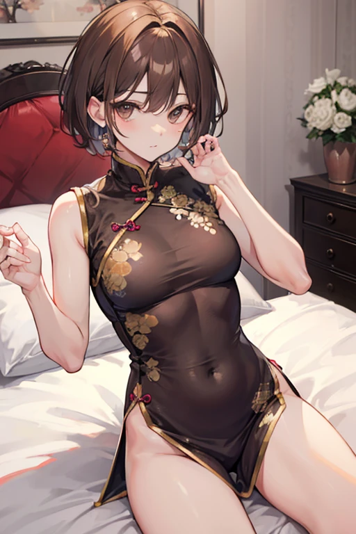 masterpiece, Highest quality, High resolution, One girl, alone, short hair, Brown Hair, Brown eyes, ((chest)), Bedroom、((Black underwear))、((pantyhose))、(China dress)