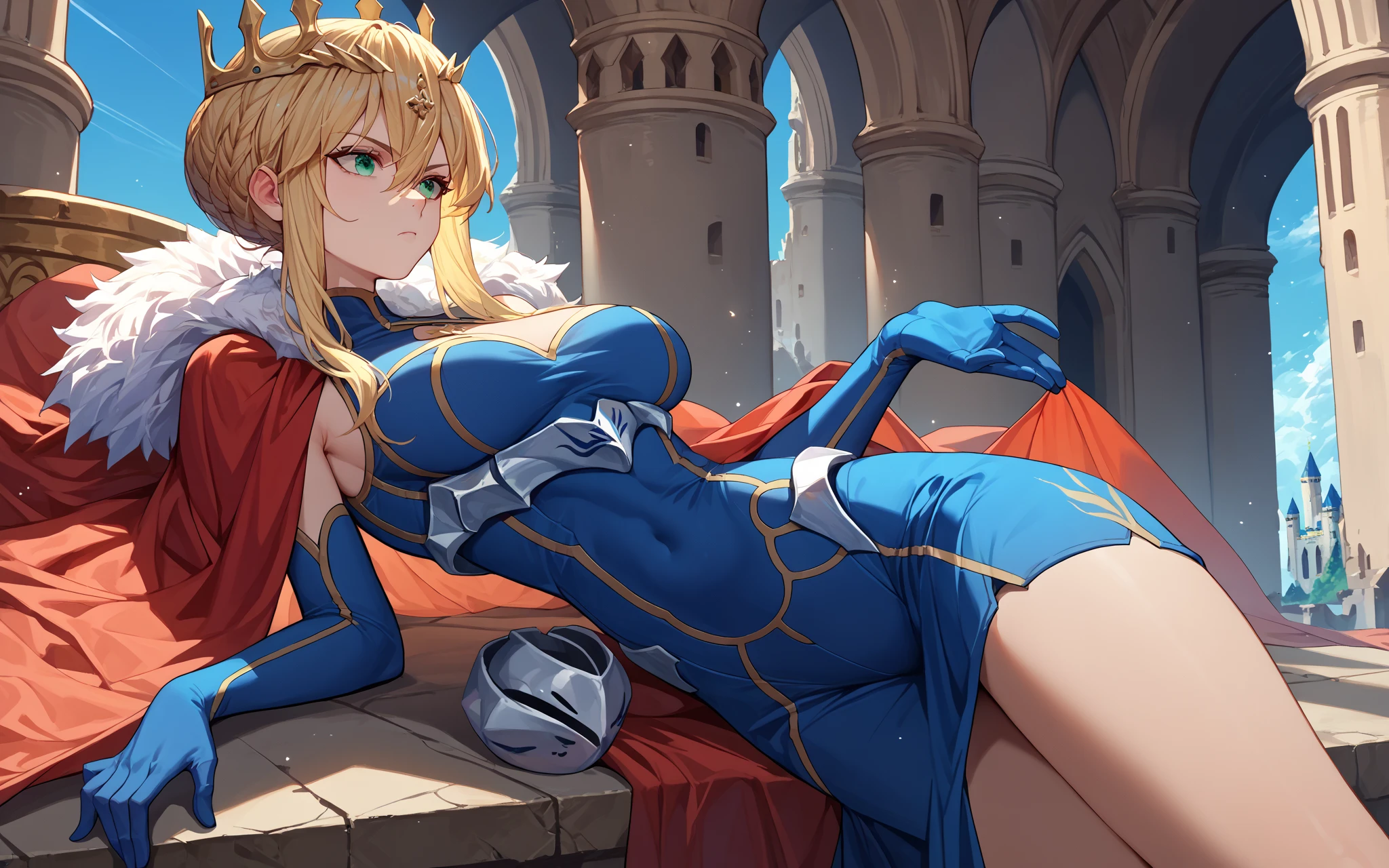 (best quality, highres), Artoria pendragon lancer, adult woman, green eyes, COLORED EYELASHES, blonde eyelashs, big breast, artoriaLancer, braid, crown, turtleneck, cleavage cutout, sleeveless, blue leotard, gauntlets, seductive