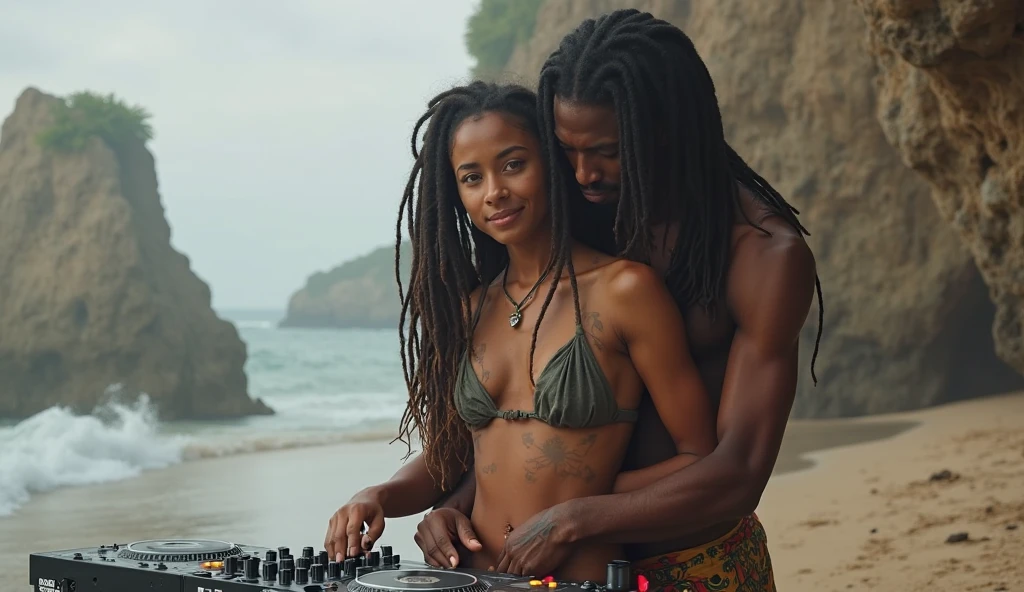 (Masterpiece), Best quality, 1 ebony girl giving manual labor to 1 boy with detailed erection , topless, Quatorze ans, Souriant, Un boob out, Girl wearing a colorful summer dress, ((girl wearing headphones)), Maison en bois, corps entier