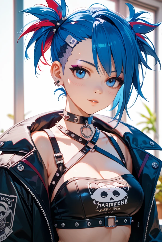 young girl, long turquoise hair, punk haircut, turquoise eyes, Scars, punk make-up, leather jacket, Burns, ripped clothes, madness, smirk, Masterpiece, highly quality
