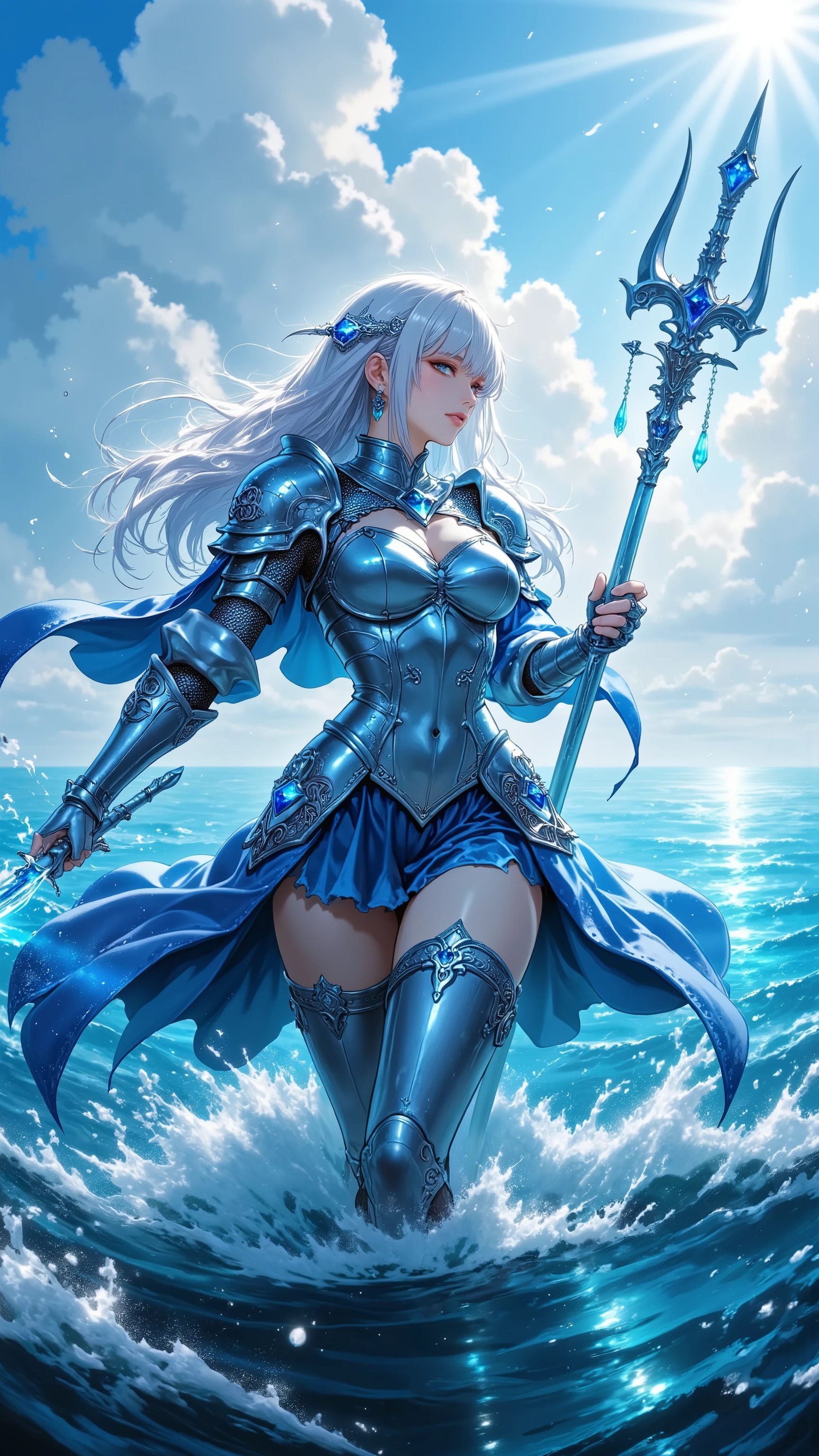 female, Sea Knight, Scale Knight Armor,Decoration of the gills, Sapphire Trident, Sunlight, wind,