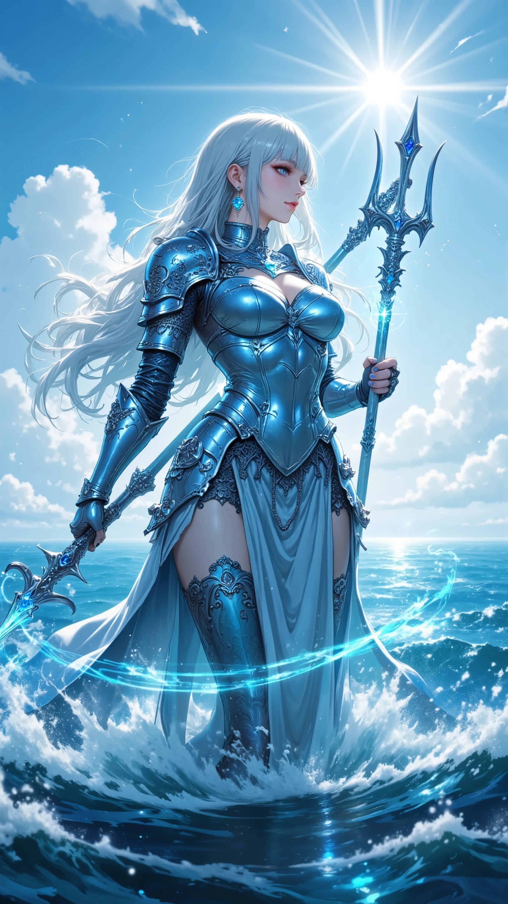 ((slim)) pirate sexywoman, thin waist, 18 years old, ((ornate ((silver)) breastplate armor)), average breasts. (((cleavage))), ((((very long blue skirt)))) with ((((single slit)) on the side)), ((headband)), on a ship, ((gorgeous slim face)), ((Brown hairs)), ((long straight flowing hairs)), sea, bare leg, detailled face, marterwork, serious eyes, intense detailled eyes