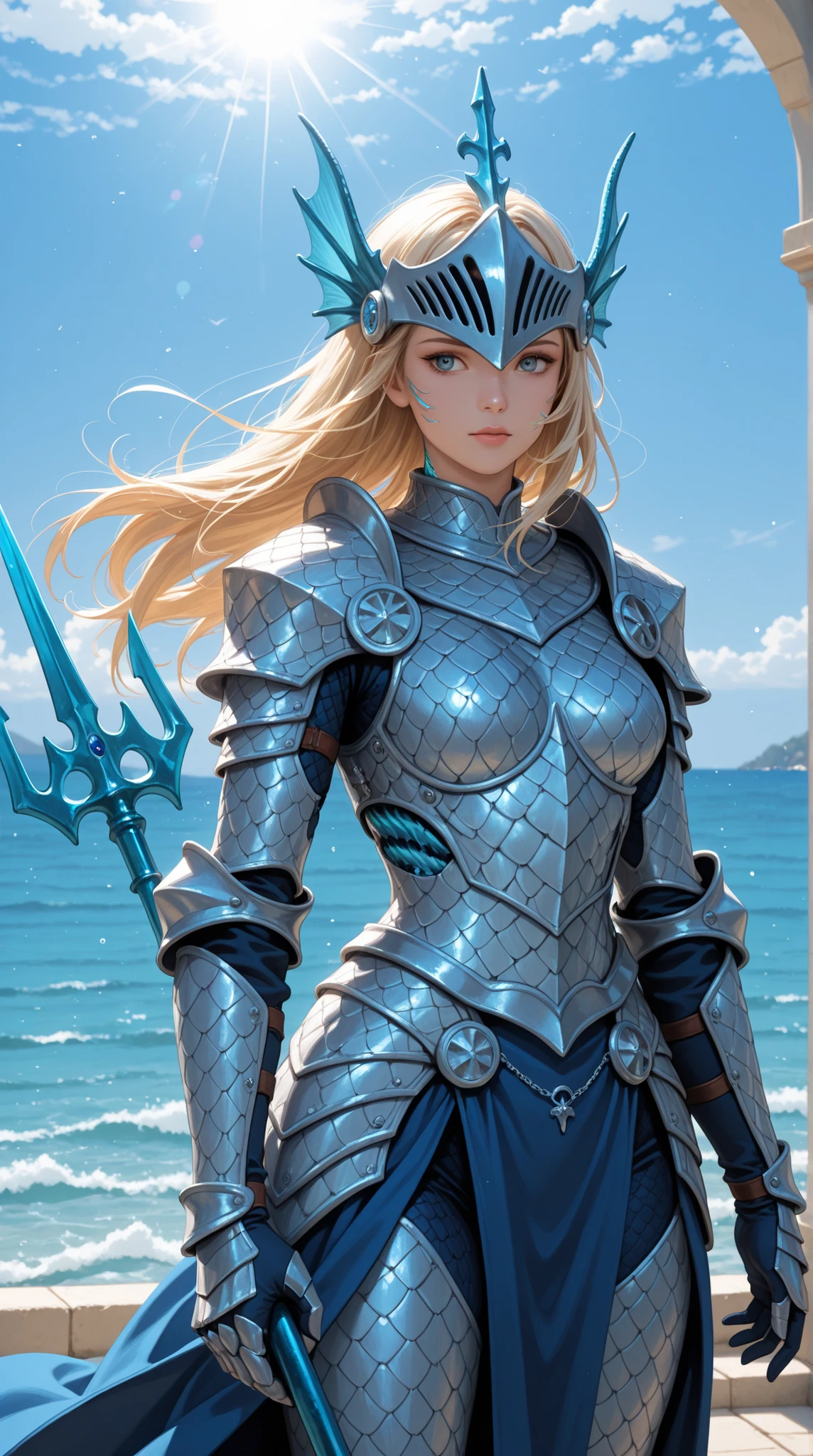superheroine queen of oceans, cabelo branco, mulher musculosa, vestindo uma armadura pesada azul, poderosa, rosto bonito, deusa antiga, divindade moderna, aquatic character, personagem 2d, estilo quadrinhos, 8k