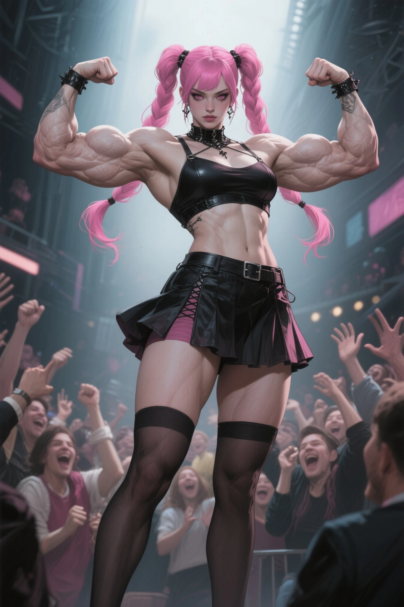 ((((Massive tall, beautiful, buff, light brown skinned muscular woman with shocking pink hair, black lipstick, ginormous bulky muscles, carrying a fire sword and wearing a pink long sleeve pleated shirt with beautiful long pleated skirt)))), ((close view)), (massive muscles), angled bob cut, red eyes, choker, ((pink long sleeve pleated shirt and tie)), neck tie, ((beautiful long pleated skirt)), belt, thigh high socks, black boots, (in a fire city), closed smile, night, massive muscles