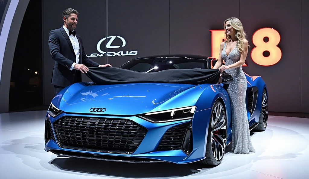 It generates a hyperrealistic image of a blonde-haired woman getting out of a blue Audi and waving goodbye to the driver through the window with a smile.. But from a window of a very ostentatious building, A black-haired man watches the scene
