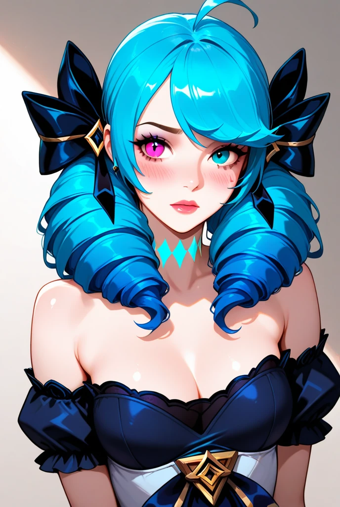 A young, fair-skinned woman with  with long dark hair and blue eyes. 
wearing  a floral headpiece and vibrant makeup.
She has a warm, friendly smile.
set against a colorful abstract background