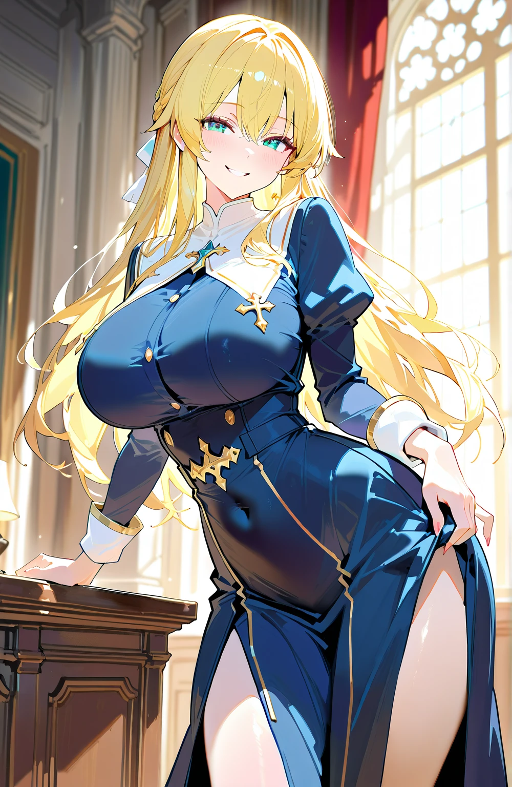 (masterpiece、Highest quality、Ultra-high resolution、Super detailed:1.3)、cute1人、Character portrait、Russian、Big Breasts、Sister、Blonde、Nuns、Breast milk、woman、smile、、Anime Style、cute、Full body view、No background、Expose