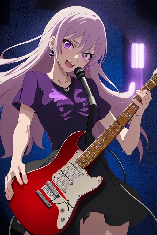 1girl, solo, inside garage, ギターちゃん, Guitar-Chan, girl, white hair, hot pink eyes, cute, upper body, close up, kawaii, anime style, anime