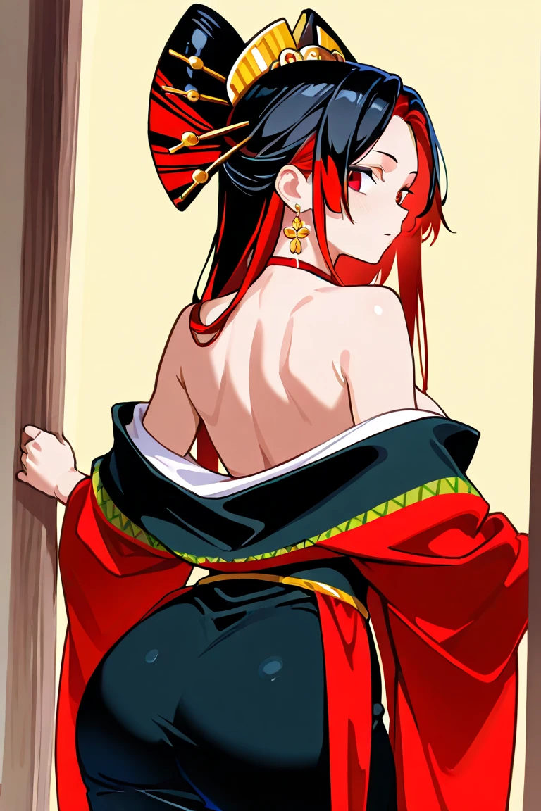 One Demon Girl, is looking at the camera, Beautiful waist, Hands Behind Your Back, Keeps his hands behind his back, beautiful body is completely visible, Masterpiece, Best Quality, in full height (Body Full 1.1.), Beautiful waist, nice feet, hiquality, Highly detailed face, Depth of field, HDR, Very detailed, Ray Tracing, full - body, Dark Fantasy, Demon Tattoo, Ultra Beautiful, lovely small breasts., 1girl, 独奏, looking a viewer, black hair, hair ornament, Jewelry, closed mouth, Green eyes, Yellow eyes, japanese clothes, kimono, makeup, lipstick, slit pupils, glowing eyes, angry, red-lips, hair stick