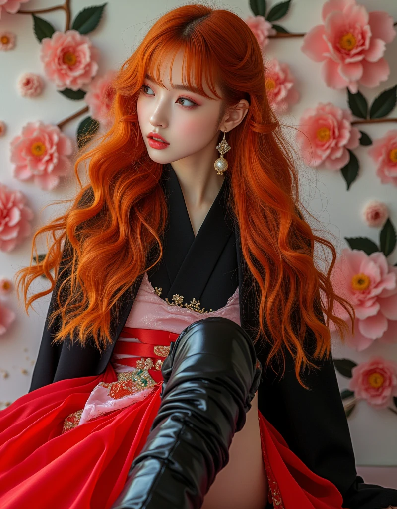 (Masterpiece:1.3)、(8K、Realistic photos、RAW shooting、Highest quality: 1.4)、absolutely correct、textured skin、((((1 girl、alone))))、((Shoot for one person only.))、beautiful face、(realistic face)、Red-haired girl with wavy ginger hair, flowing red hair, Red hair and attractive features, long wavy orange hair, long orange hair, wild red hair, copper curly hair, Orange peel and long shiny hair., Amaranthus, red hair, orange hair, red head, she has long redorange hair, red hairหยิก, Clear, smooth face, clear glasses, perfect proportions. Floral skirt set in black and orange tones Close-up camera angle See the face clearly