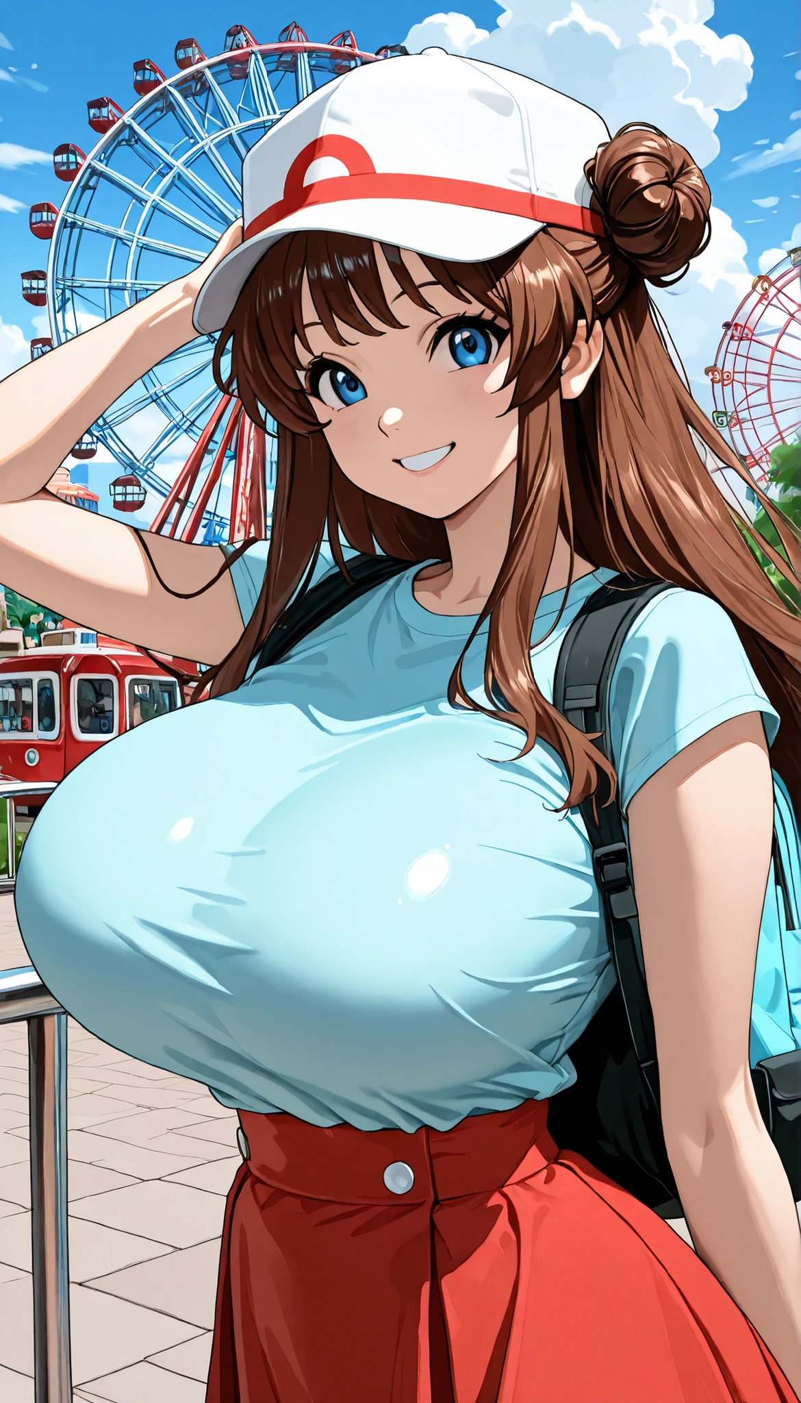 1 Girl, Huge Breasts, Big buttocks, Small waist, Thighs,棕色头发 long hair, Hair Bun, Blue Eyes, long hair, white hat ,white lunch break top,Red skirt,Backpack,looks at the viewer, outdoor, Ferris Wheel, partly cloudy, Smiling upper body shooting, ((front:1.3)),