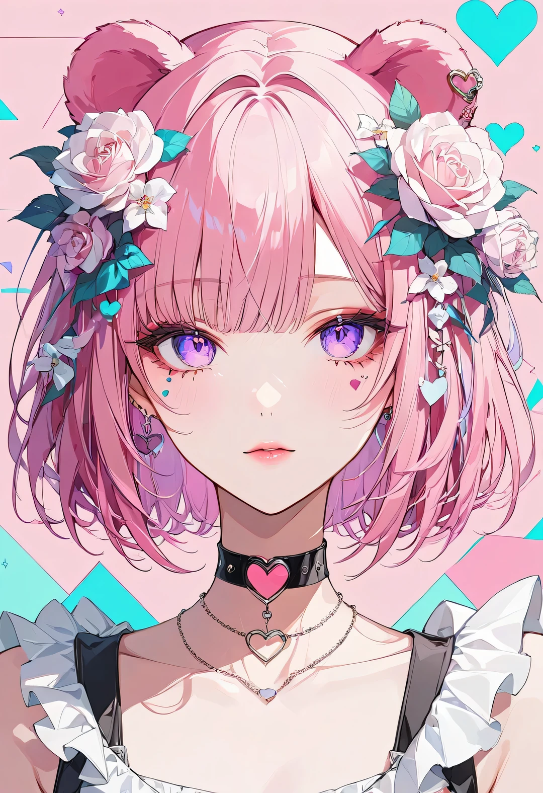 ,beautiful flower々),mole under eye, heart shaped choker, (masterpiece, highest quality), official art, beautiful and aesthetic: 1.2), (1 girl), very detailed, (geometry art: 1.3), colorful、pink bob hair、bear ears、 whole body