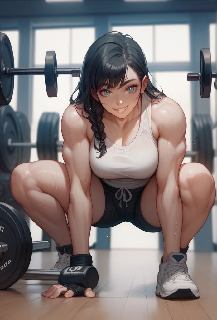 (1girl, uyltr resolution, ultra-sharp, 8K, artwork, 25yo), purple hair, very short hair, boyish haircut,tomboy, dark green eyes, (big breasts, strong arms ,muscular arms, muscular legs,strong legs, strong body, muscular, Clear Skin):1.5, wearing micro gym black shorts, wearing white gym top, black long socks, on gym