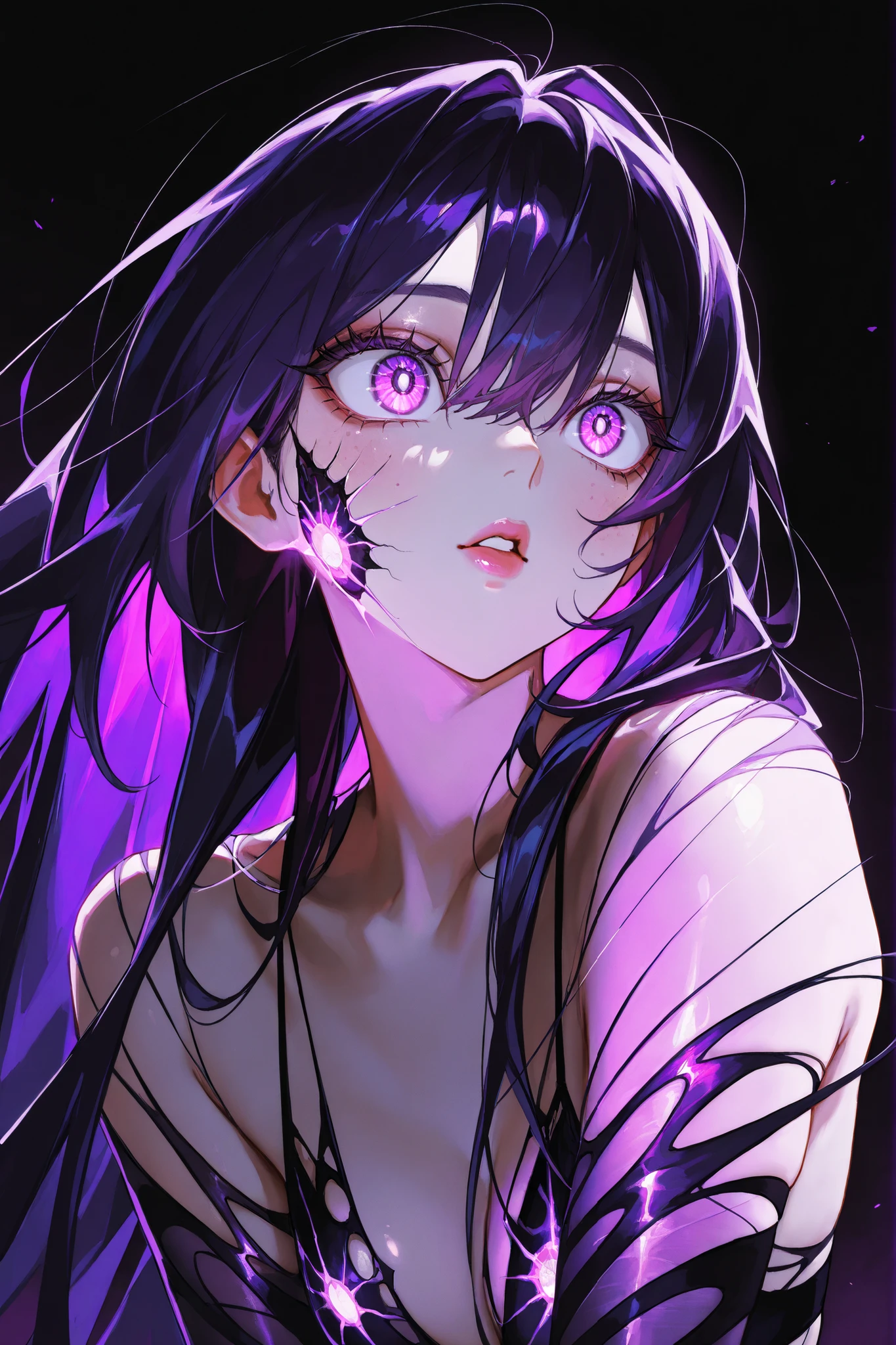 Kaisa,dark purple hair, long hair, very big eyes, with her eyes , surprisingly wide patterns, purple eyes , Glass retina, ,  big plump lips,  rosy cheeks, turns red , shine, best quality, Glass retina,  purple lights all around, dark mountains on, dark background colors  ,  thin and elegant , slim, emphasis on the eyes, detailed eyes,   long lashes, bottom view, stoppable upper body