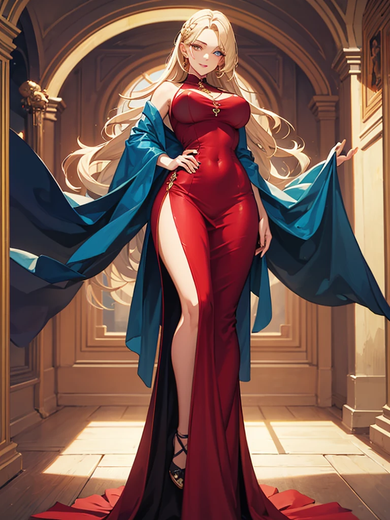 gorgeous red haired sorceress, blue dress, leg-slit, deep v-neck