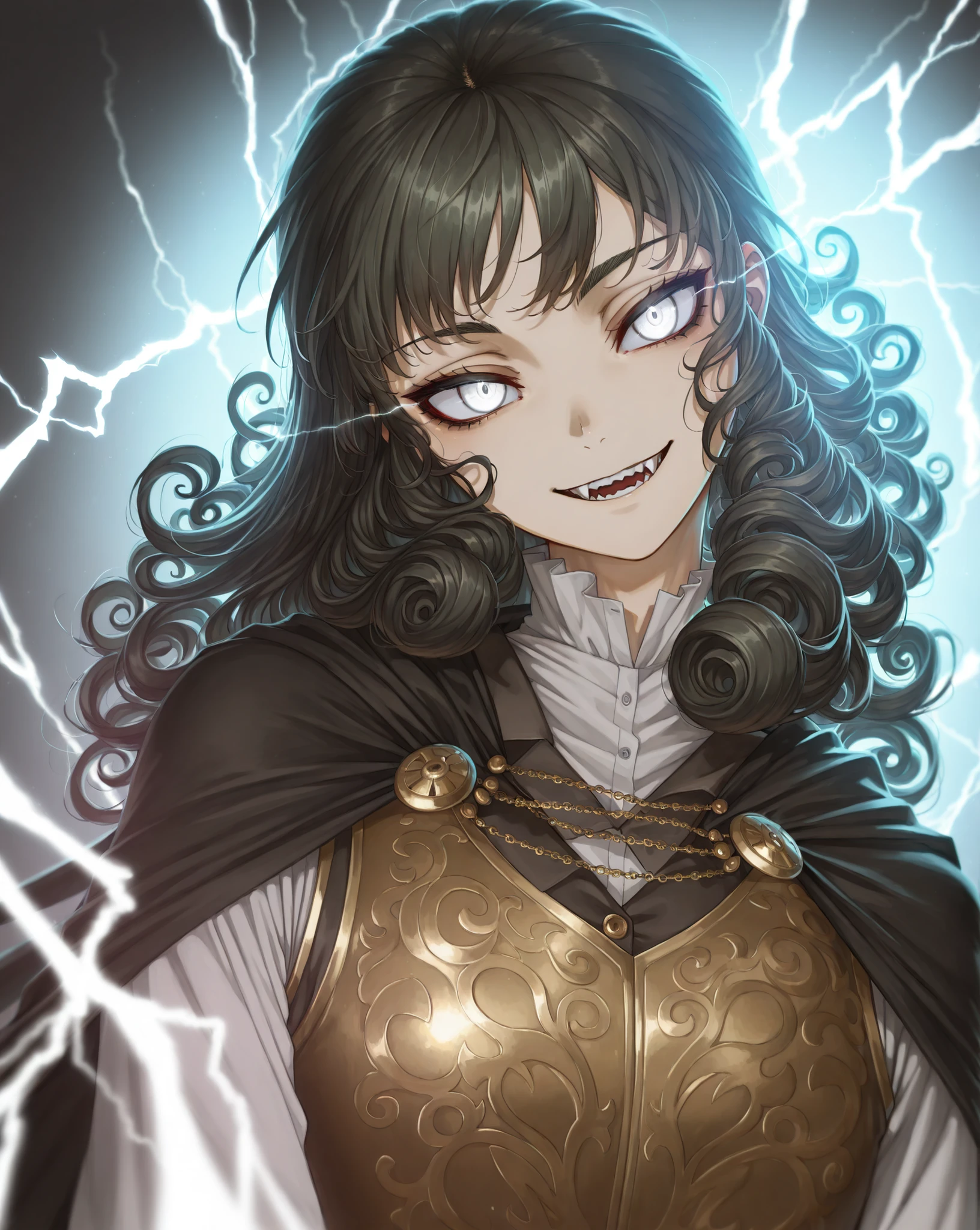 dynamic pose, khopesh, masterpiece, dramatic lighting, deep lighting, god rays, best quality, amazing quality, very aesthetic, high resolution, ultra-detailed, absurdres, (hands:-0.33),
(1man:0.13), solo, (quarter shot, close up shot:1.19), (curly hair, tidy hair, gentlemanly, black lightning:1.44), tsurime, narrow gaze, head tilt, looking at viewer, portrait shot, face focus, young  youthful, long hair, black hair, glowing eyes, white eyes, open mouth smile, noble clothes, black cape, femboy, sharp teeth, cute smile, cute, fangs, baroque clothing, black and white clothes, vest, BREAK, depth of field, volumetric lighting 
 
