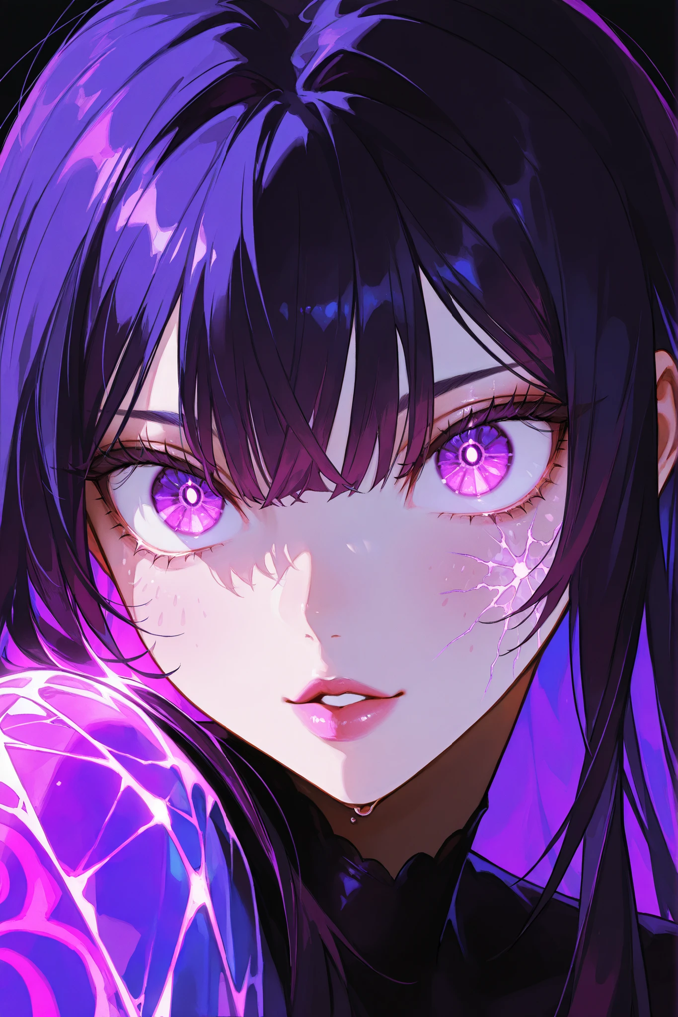 Kaisa,dark purple hair, long hair, very big eyes, with her eyes , surprisingly wide patterns, purple eyes , Glass retina, , big plump lips, rosy cheeks, turns red , shine, best quality, Glass retina, purple lights all around, dark mountains on, dark background colors , thin and elegant , slim, emphasis on the eyes, detailed eyes, long lashes, bottom view