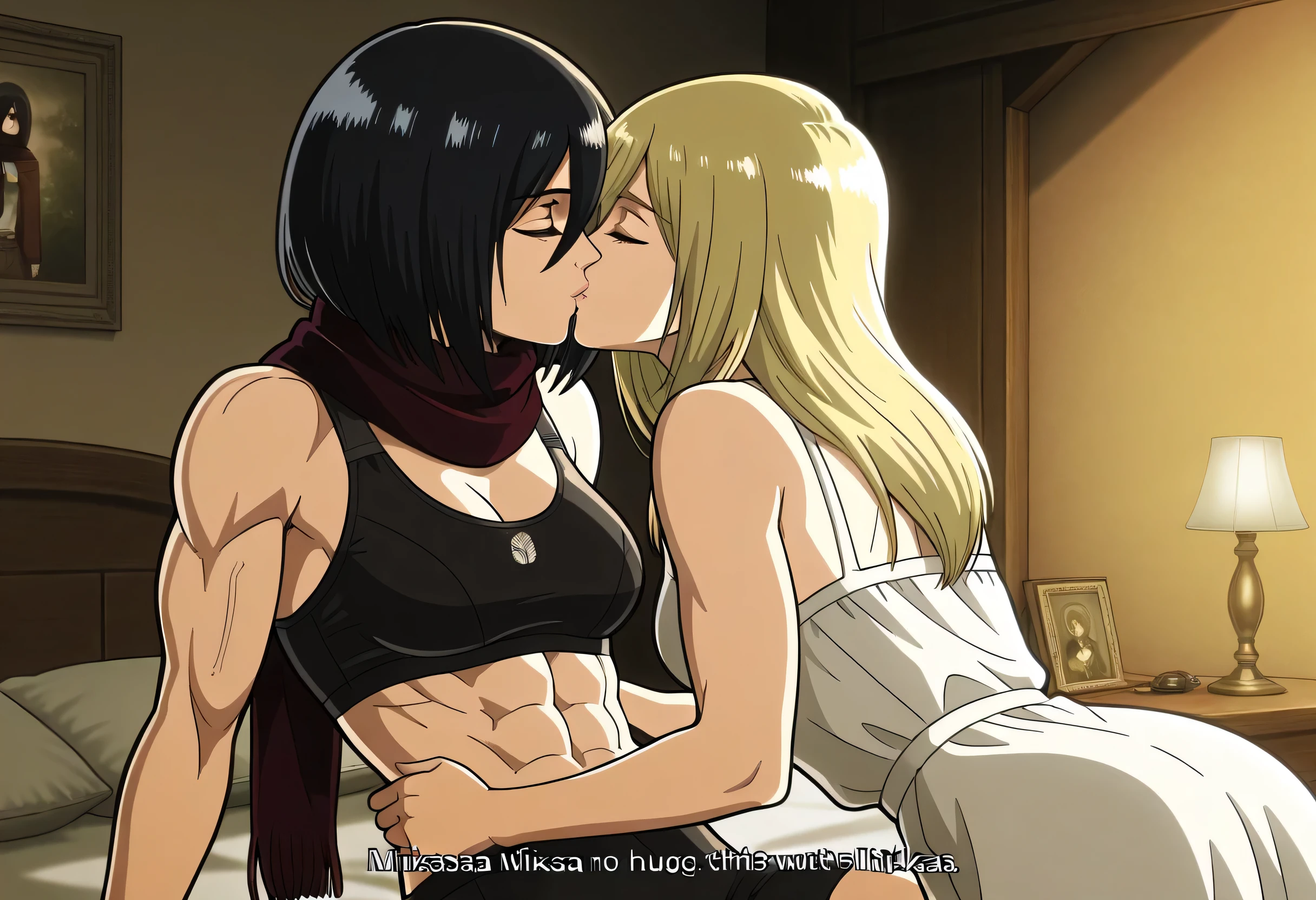 2girl,,mm,mature female, mikasa short black hair,,close eyes,,anime coloring,, mikasa muscular,,mikasa wreanig with black sport bra and black tight sport shorts,masterpiece,best quality,amazing quality,, mikasa muscles lines,mikasa with beautiful historia having a long blonde hair,historia naked,historia soft body,lesbians,yuri,blanket in mikasa back,in bedroom,medium breasts,Historia soft body,,light trun off,,dark light bedroom,mikasa and historia sleeping in bed,mikasa kissing historia mouth,historia kissing mikasa mouth,greedily kissing,beautiful kissing,close eyes historia,dynamic kissing m,kissing as anime,mikasa tall is 184cm,historia tall is 163cm,dynamic mouths kissing,kissing so greedily,mikasa hugs historia tight,historia hands around mikasa neck tightly,lustfully kissing,historia body small than mikasa body,mikasa body too stuck in historia body,deep kissing,mikasa top historia kissing her,Mikasa hands leaning around historia shoulders,historia one hand holding back mikasa head,Chemistry between kissing characters,High-tempo kissing between characters, mikasa stuck her genitals on historia genitals,historia shorter than mikasa body,difference body sizes,historia wearing white short dress sleeveless,mikasa legs appear,dialogue lines mikasa and historia,manga proofreading,blonde character wearing a white dress sleeveless,black hair character wearing black sport bra and black tight sport shorts,mikasa too bigger muscles and body than historia, red scarf release from mikasa neck,historia open legs to mikasa,historia pink lips,smile at kissing,events signs indicate that mikasa visit historia to sex with her,soft density,soft lighting,