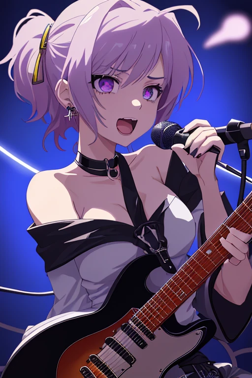 1 half naked female, maestro, wearing a black suit, light purple tie, sin shorts, you can see his naked ass, Thick, light purple hair, wide, light purple rabbit ears, light red eyes, face to detail, detailed eyes, the background is a pizzeria, happy, playing a red guitar.