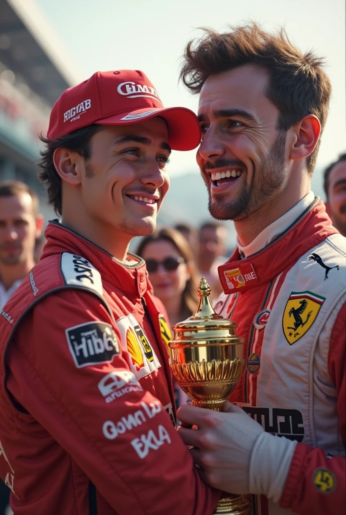 Charles Leclerc kissing Carlos Sainz Jr in front of everyone in the Ferrari team