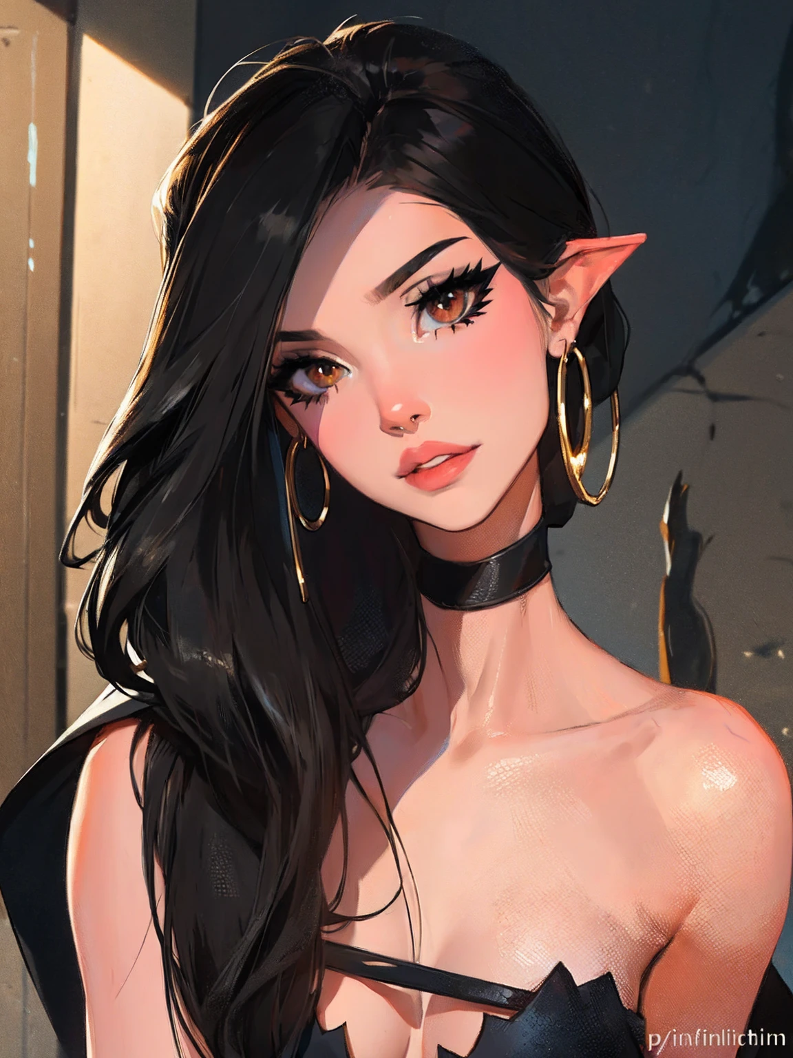 ((Best quality)), ((masterpiece)), (detailed: 1.3), ((ultra, 8k)). Beautiful woman, one girl, very detailed eyes, very detailed hair, very detailed clothes, very detailed face, 20 years old. ((Purple eyes)), ((black hair, twintail hairstyle, straight hair, long bangs)), ((elf ears)), earrings, pale skin, ((thin clothing)), large breasts, cleavage, open clothes, thick ass, choker, beautiful eyelashes, eyeliner, sultry eyes, juicy lips, plump lips, soft blush, smooth skin, freckles, natural eyebrows. Posing sexily, provocative, looking at viewer, in love with viewer, cinematic lighting, sitting, spread legs.