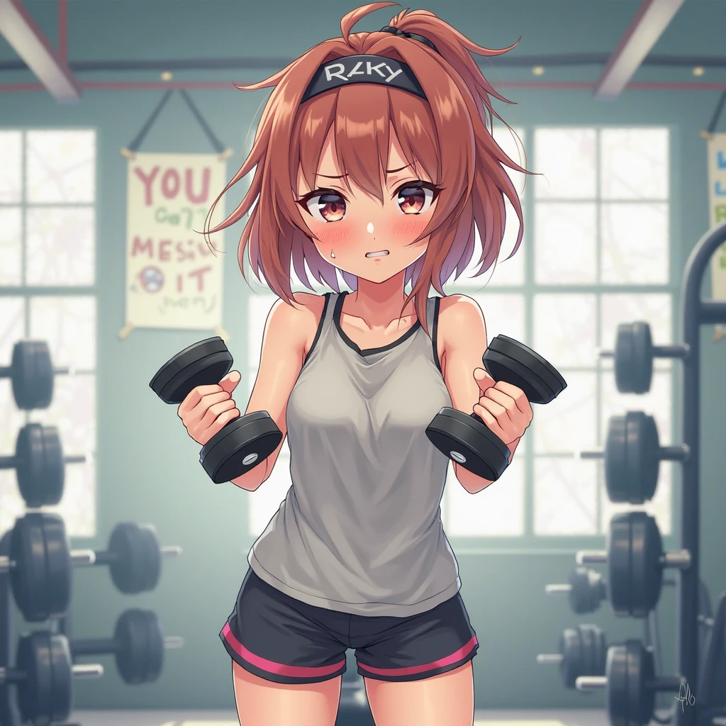 An anime-style illustration of ‘Fua-chan’ working out. Fua-chan has distinctive features: long pink hair styled ""in soft curls resembling sheep’s horns"", and pink eyes. She is depicted wearing sporty workout attire, such as a tank top and leggings. She is lifting weights or performing another exercise with a focused and determined expression. The background shows a gym setting with various exercise equipment and other people working out, creating an energetic and motivating atmosphere.