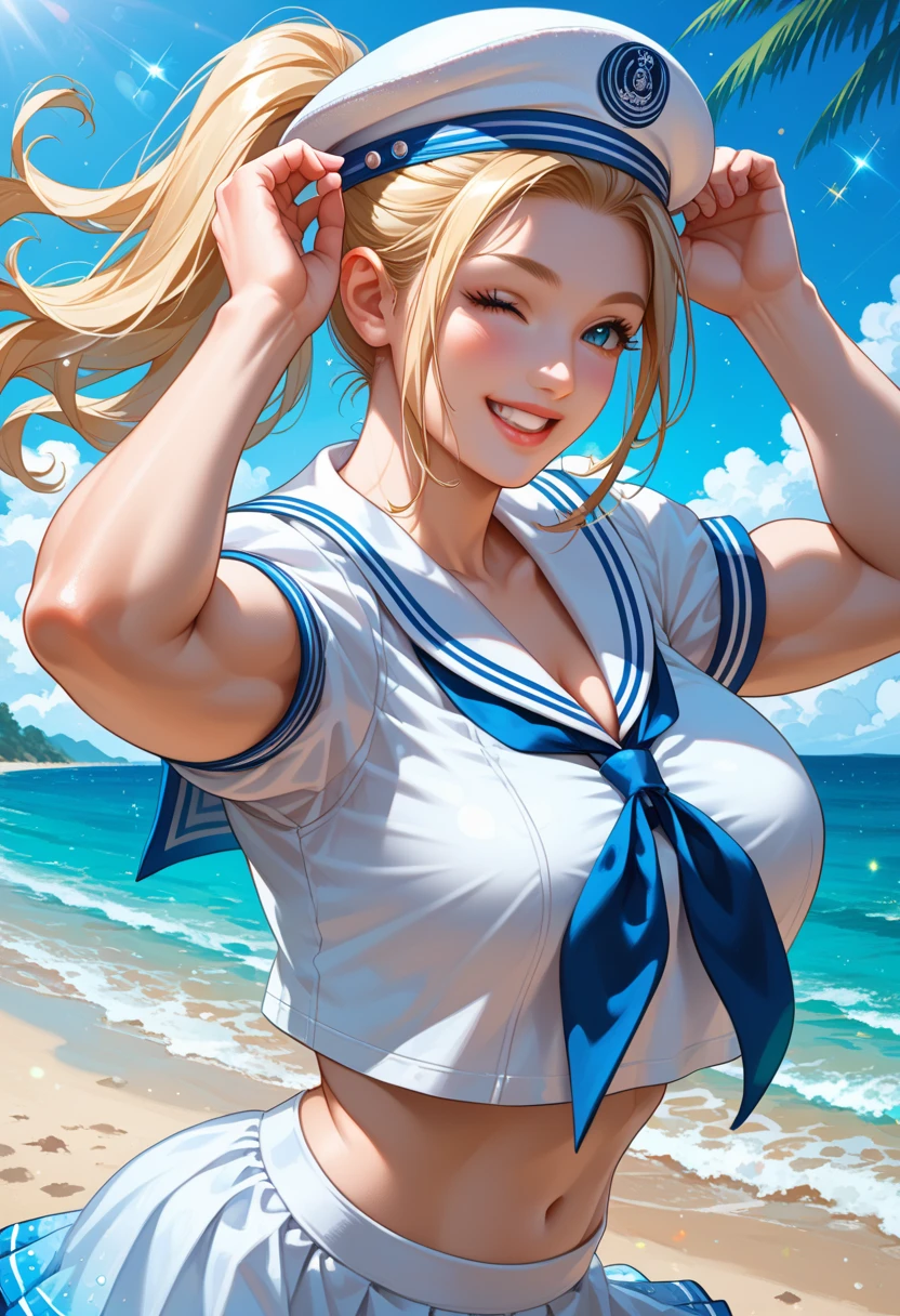 (masterpiece), best quality, expressive eyes, perfect face,1girl,beach, swept bangs, single braid, side braid, hairclip, hair ornament, brown hair, brown eyes, braid, pokemonjuliana,big breasts, sailor bikini,cowboy shot,smile,flower bracelet,slippers