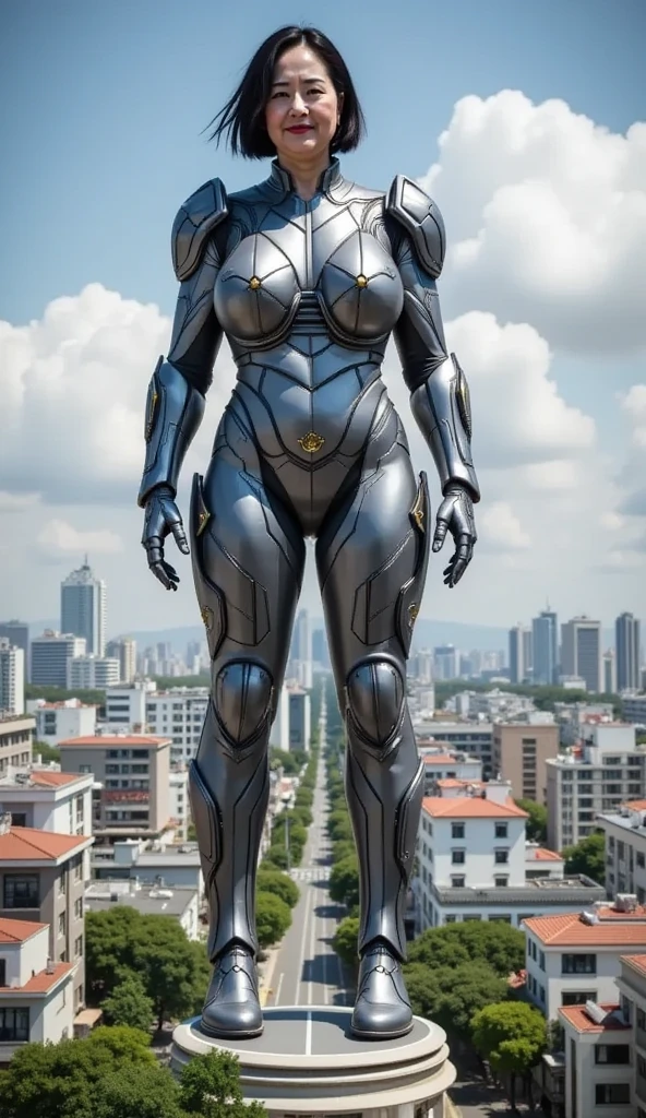 (Muscular:1.8), (thick thighs:1), (large round breasts:1), (large muscular chest and shoulders:1.4), FEMALE, brown hair, long brown hair, (big smile:0), (tight mecha arm, tall cute silver cyborg:1.5), looking at viewer, (three quarter view:1.3), upper body view, (futuristic sidewalk:1.5), dark lighting, detailed skin, detailed eyes, (dark skin:1.), (very thin waist:1.3), (huge round muscles:1.5), (one protagonist:1.5), (tall:2.1),