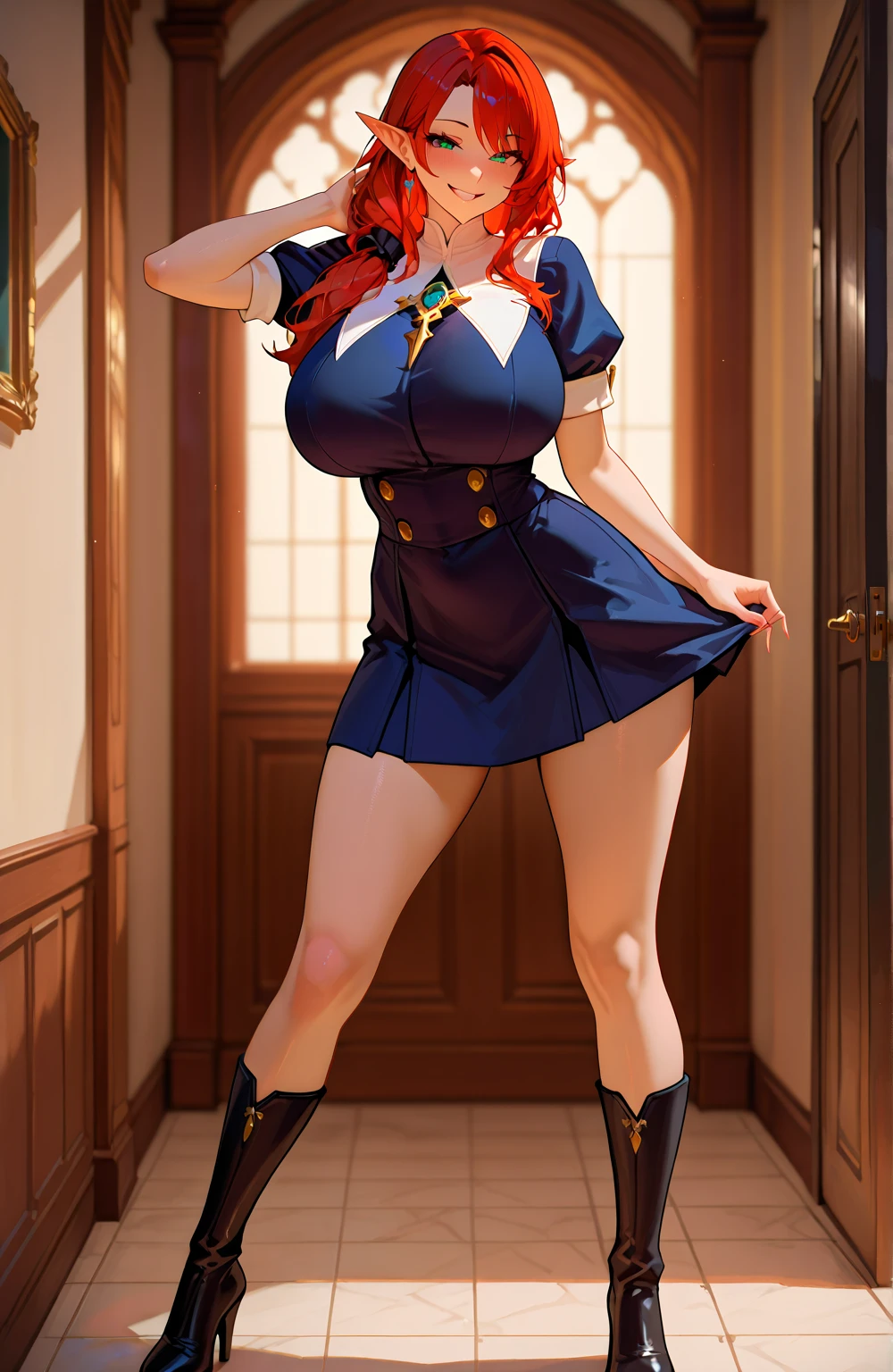 (((masterpiece))),(((High resolution)))、(((8K quality)))、(((Perfect Face)))、((Top quality eyes)), Attractive 40 year old woman, Anime Style、Too many bangs、Wavy Hair, Medium Hair, ((Hair on one eye)), Redhead, Small eyes, Brown eyes, Beautiful Eyes、red and thick lips、Big Breasts、Big Ass、Cleavage、Tight waist、Short-sleeved sailor suit、 uniform、mini skirt、full body shot, front、smile、Simple Background、In the alley at daytime、Walking