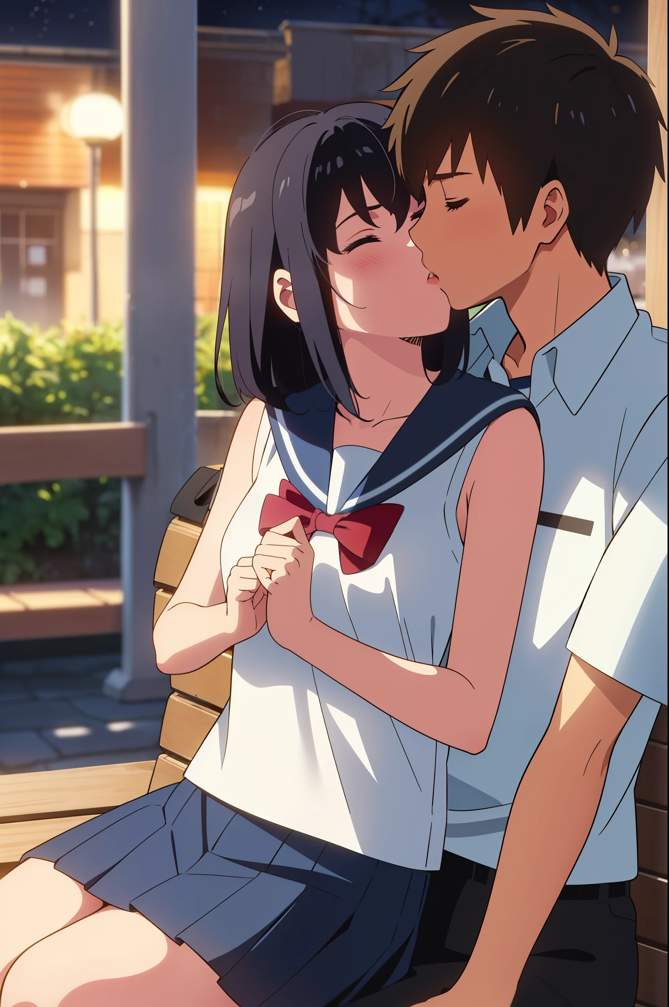 shinkai makoto, kimi no na wa., 1girl, 1boy, bangs, black hair, blush, (boy wear black uniform), ((girl wear sailor uniform, blue sailor collar, blue sailor color, blue skirt)), red headband, red bow, red ribbon, short hair, cute, love, couple, adorable, dating, (((kiss, deep kiss, tongue, saliva))), closed eyes, passionate hug, cherry_blossoms, falling_petals, petals, branch, pink_flower, blue_sky, spring_season, tree, Upper body portrait