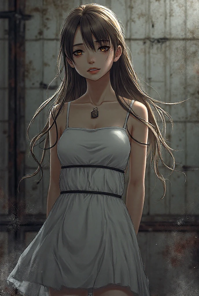 A beautiful girl with long, flowing dark hair stands in the eerie hallway of an abandoned hospital. She wears a tattered white hospital gown reminiscent of old American horror films, her eyes wide and glowing faintly in the dim, flickering fluorescent light. The setting is filled with rusted, broken medical equipment, and the air is thick with dust. Her expression shows a blend of fear and resolve, as if she’s caught between the living and the dead. In the background, shadowy figures move within the dilapidated walls, creating an unsettling atmosphere typical of classic American horror. The lighting casts harsh, cold shadows, emphasizing the suspense