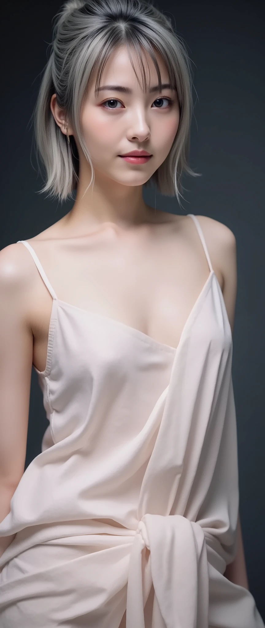 Grey hair、gray eyes、An expressionless girl, alone, high resolution, masterpiece, accurate, 解剖学的に accurate, number々awards , 最High Quality, High Detail, High Quality, with Penis Ultra High Accuracy, textured skin, medium hair on a plate, straight hair , Thin Waist、very cute Japanese woman、 beautiful white skin、 shot from the front、where the surroundings are dark 、naked camisole、very beautiful Japanese woman、very stylish woman、women are naked、completely naked women、very small flat chest