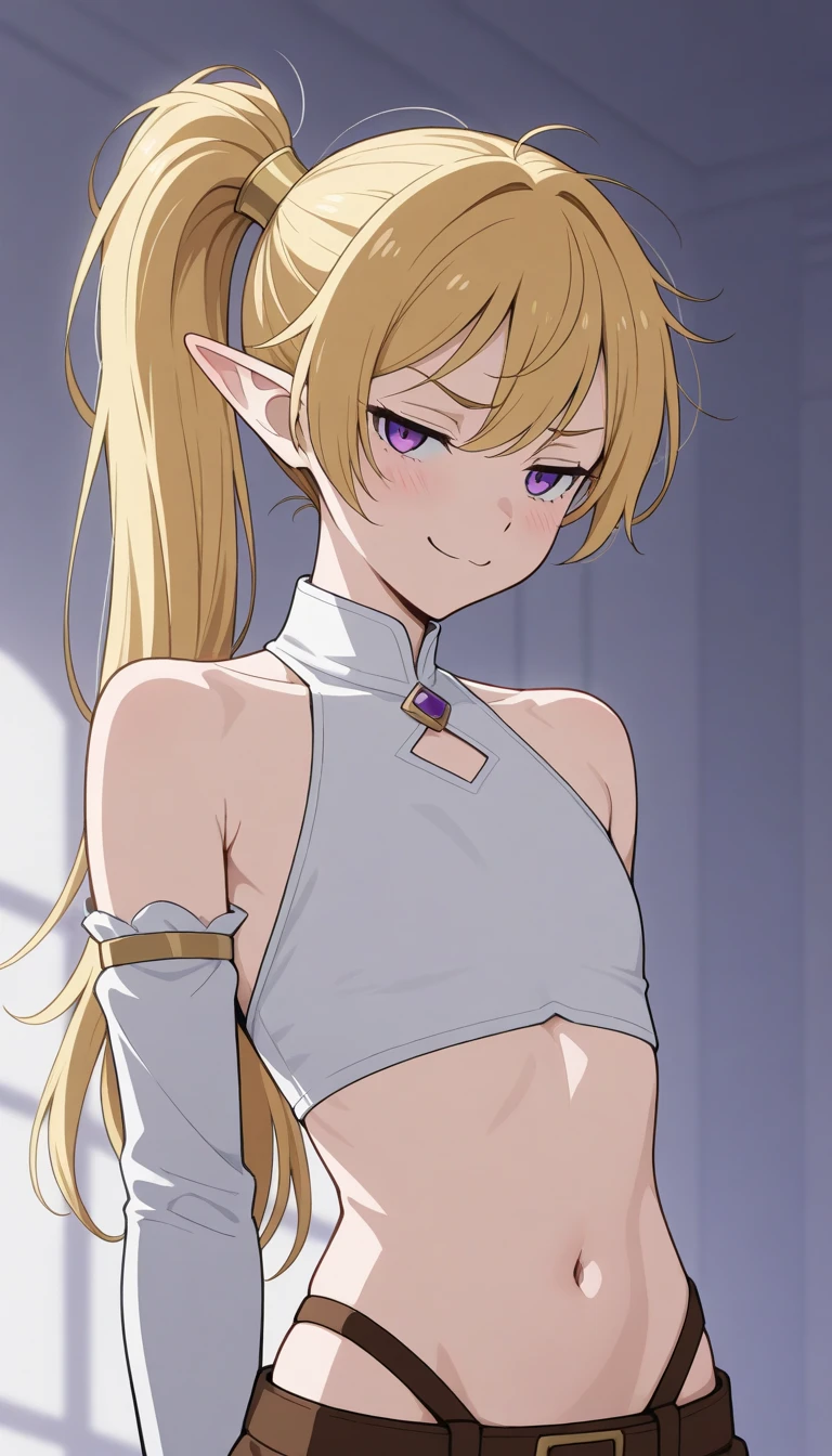 1boy,ahoge,belly button,blonde hair,blush,brown skin,cute,elf,elf ears,eyelashes,eyeshadow,femboy,feminine male,flat chest,gay,lifting shirt,long hair,looking at viewer,male only,midriff,nipples,pointy ears,purple eyes,showing off,smile,smooth skin,solo,solo male,trap,tummy,twink,yaoi