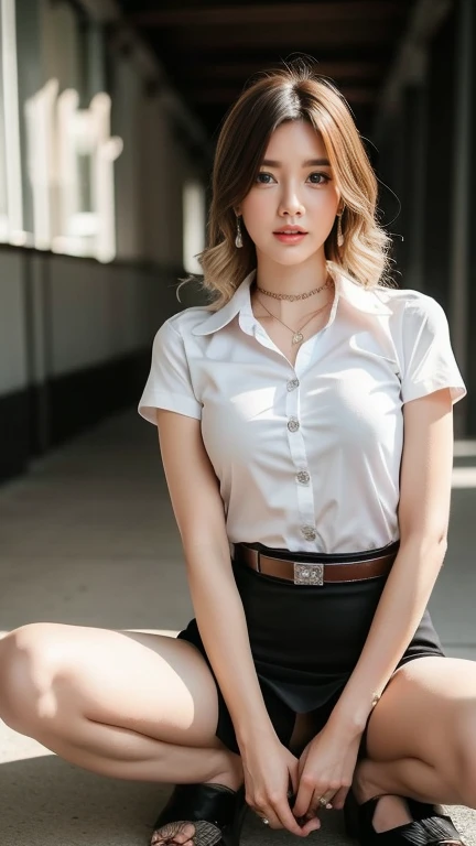 (High resolution 8K, Masterpiece, Only the best quality complicated details Chromatic aberration) realistic ((small breasts)) Hair sprinkled in one eye., Very large round silver earrings worn on the ears.., Diamond choker, red gemstone necklace, medium sized silver necklace, bracelet, Many bracelets, leather strap watch, Anklet, Waist necklace, stilettos, sharp eyes, necklace, (symmetrical eyes), (Perfect symmetrical body), (Photo of a beautiful 19 year old teenage girl..), Beautiful and charming with contemporary fashion paintings as well.., looking at the audience, ((Sitting in the five-tiered red amphitheater behind a large glass room..)), ((black short skirt)),(((tired ((white short sleeve shirt), ( Open the shirt and show off the small breasts.,Soft milk), no bra)), (open chest),)), (Medium soft chest)), (Long square leather belt buckle), Put your hands down, (Light brown golden blonde bob, large spiral curls, (There is some hair covering the face...)), sharp eyeliner, dark eyes, eyelid, Blush with thick eyelashes, Curly eyelashes, Very delicate and beautiful, Sharp focus. elegant. (Spread your legs moderately in the stands.. ) (open legs, Look at the panties..) (open your legs and lift your left leg up. (natural release) It's an attractive example., Keep your legs at natural eye level..., separate from each other, black stockings, (University outfit)