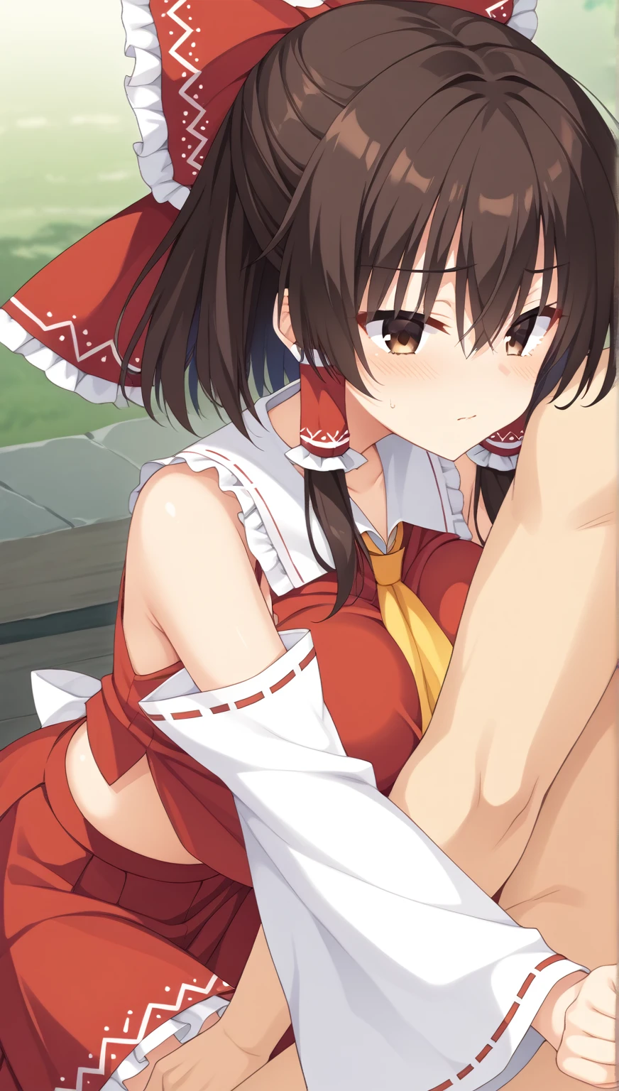 NSFW,masterpiece,Highest quality,High resolution,Super detailed,Nekone \(Utawarerumono\),Brown Hair、(Red Eye:1.3)、ribbon,Twin tails、ヘアribbon、Mole、目の下のMole,Small breasts,Japanese style,High quality sexy bikini,beach,Palm tree,Rock Shade,(Face in love),Embarrassed,blush,(Ecstasy face),(Sex slave),(Seduce),(Strong-faced men),Picking Up Girls,A man puts his hands on her waist and hugs her,Girl in Love