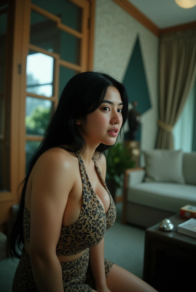 ((best quality)), ((masterpiece)), (detailed), perfect face full body photo brown skin 35 years old Big brown skin Indonesian Javanese woman with straight long black hair wear a sunglasses, Natural thick wide lips small nose wide face was naked in bedroom while sleeping with blanket