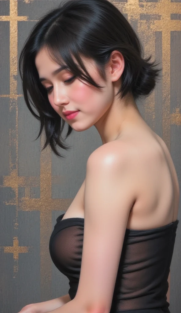 ((Highest quality, 8k, masterpiece:1.3, 1 girl, beautiful girl)), High resolution, cute, dynamism, Detailed face, Detailed skin, Detailed eyes, Detailed lips, Realistic, RAW Photos, Natural light, Perfect Anatomy, Dynamic pose, Toned Legs, double eyelid, Tear bags, Round eyes, Moisturized lips,Colorful Hair, Rainbow Hair, Japanese, Cowboy Shot, Sweaty, Liquid Art, close your eyes, Upper Body, Pixie Cut, Blunt bangs, software, Masturbation, Leg spread, Underarm, View your viewers,((((Fully nude)))),((((nsfw)))),((Black Background:1.2)),((close your eyes:1.2)),((Some of her hair is emerald blue:1.2)