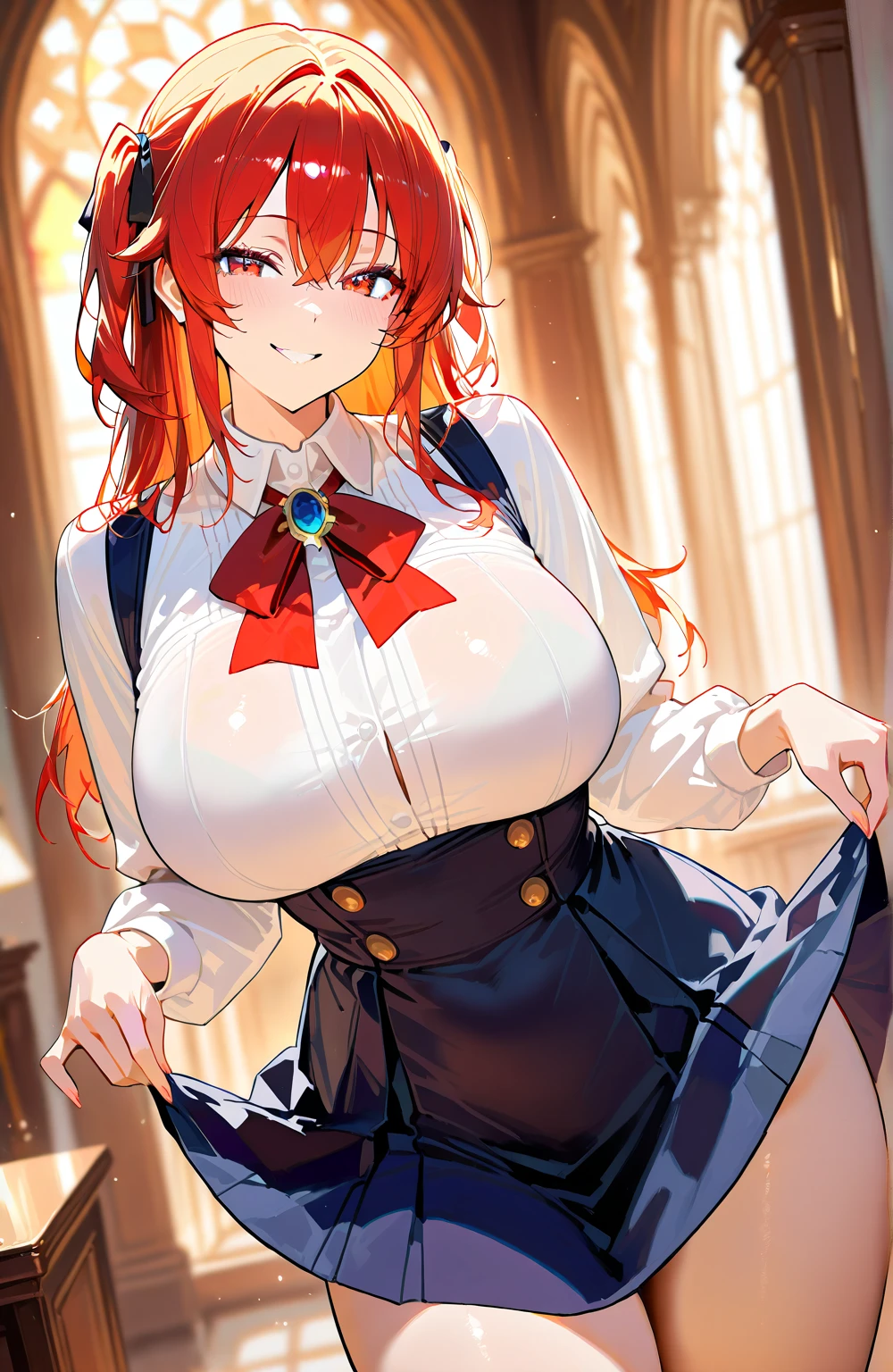 anime girl with red hair and blue eyes wearing a skirt and an open shirt revealing a black bra