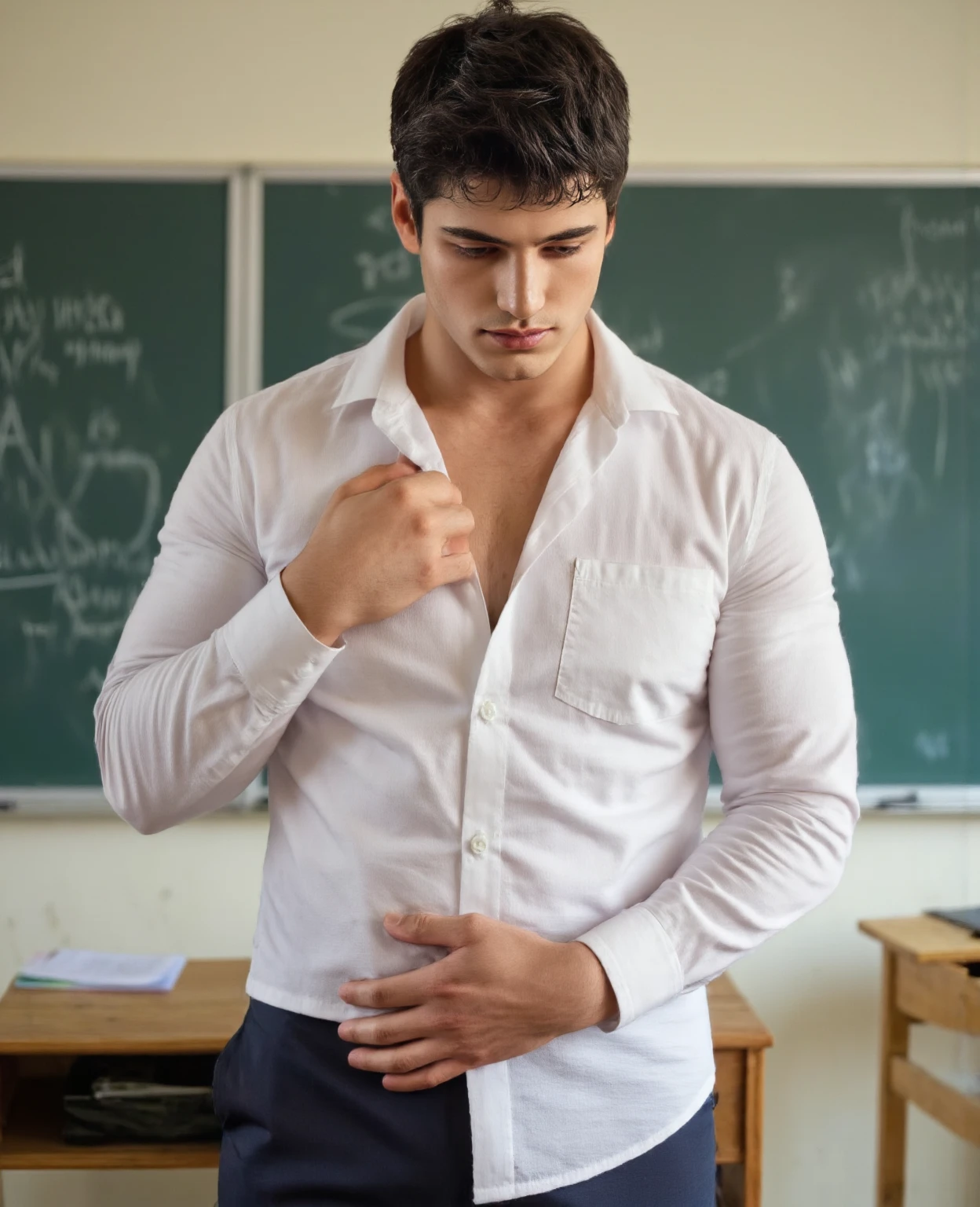 Asian man ,(hot,sexy,attractive:1.2),hunky male professor with hairy muscles,button-up shirt torn open,suit pants,full,thick,wear shirt, open chest shirt, showing off body, toned abs and full chest,big dick,pubic hairs, clean-shaven with neatly cut,sitting on classroom desk,confident gaze,classroom setting,blackboard with equations and formulas,hand touching groin, ,vibrant chalk colors,academic books and papers scattered on desk,messy hair,dedicated to teaching,lewd smile,lots of student attention,dreamy atmosphere,serious yet approachable vibe,HDR,ultra-detailed,physically-based rendering,sharp focus,vivid colors,wear glasses,six pack ,sexy poses,one hand in front of groin, push groin up
