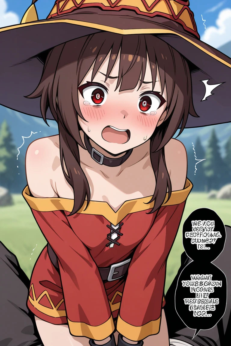 score_9, source_anime, megumin, close up, blush, surprised, embarrassed, screaming, saliva, explosion, spread legs, hand up, <lora:Cool_Rance_XL:0.87>