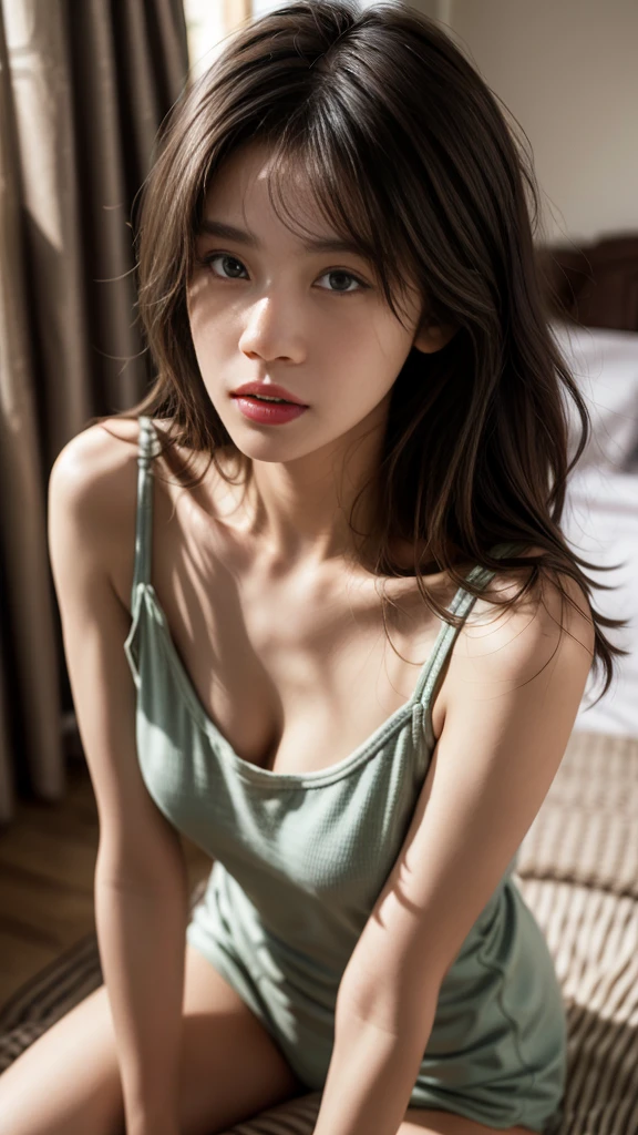 Dark brown hair、Light brown eyes、Japanese actress、 Lady、I am about 40 years old....、(Intricate details:1.2)、(Which is the top????:1.4)、 (Ultra-high resolution:1.2)、Ultra-high resolution、(Finely tuned)、(Detailed facial features)、Hmph、8K resolution、D cup size breasts、Long Hair、Updostyle, Updo、Hair Bun、1 Girl, Deep sorrowの表情, (Very detailed美しい顔), (camisole:1.5), (Bare shoulders:1.3), (Highest quality:1.4), (Very detailed)、Beautiful fair skin with transparency, Are sleeping、Sleeping on the floor、Top View、 Spread your legs wide, Please open your mouth a little、Her legs are visible through the dress、Deep sorrow、Pose of Weakness、Obscene pose、White floor、White wall、The morning sun shines in、Sleep on your side。