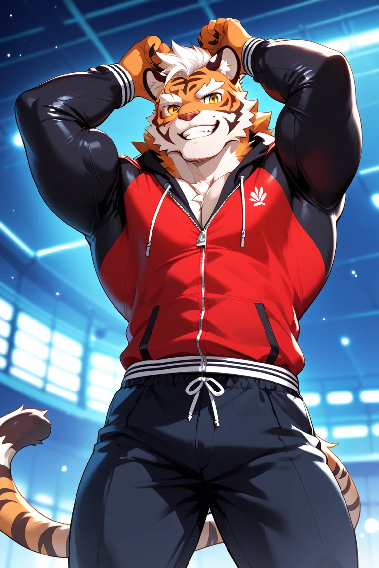(Furry art,Uploaded on e621:1.4),(tmasterpiece:1.3),(best qualtiy:1.2),(2D:1.0),(illustratio:1.0),(Sharp:1.2),(Pubic area is clear,Shiny:0.8),(impasto:1.1),(ultra - detailed:1.0)(1boys,Solo exhibition),(shaggy:1.6),(tigre:1.2),(Robust)(Tall)(strong)(shorter pants)(Be red in the face)(is shy)(male people)(The large)(Handsome)(strong)(big)(Pool)(In swimming)(swim wears)