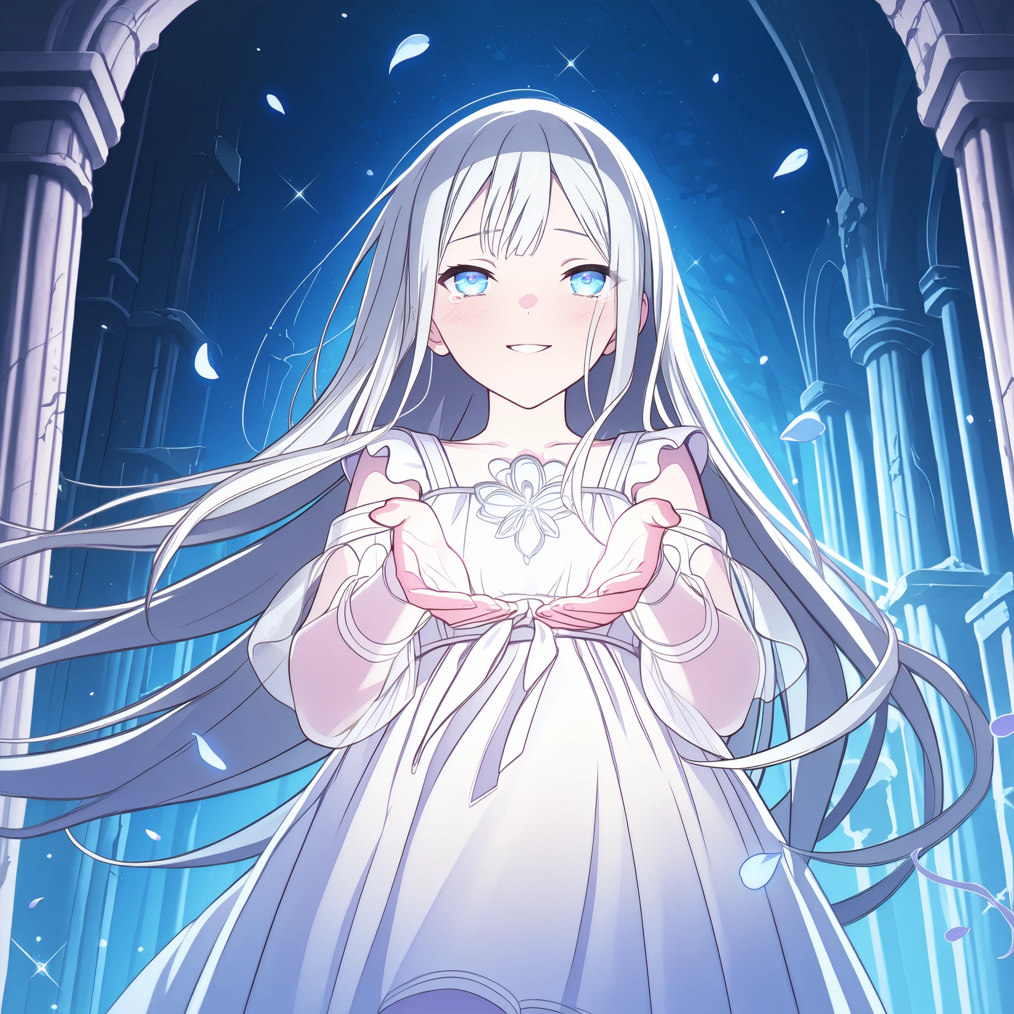 Kanade Yoisaki, long silver-white hair, blue eyes, slim build, wearing a soft white fantasy dress, ethereal transparent sleeves, glowing fabric, standing in a glowing moonlit forest, floating blue petals, magical particles, low-angle POV, looking up at her, emotional bittersweet smile, teary eyes, dreamy background, ancient ruins, sparkles in the air, high-detail anime style, dramatic lighting, soft pastel colors, emotional atmosphere, fantasy banner composition, cinematic mood