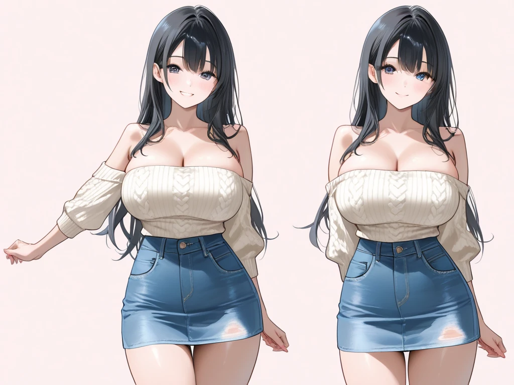 ((masterpiece)),(((best quality))), (hilda pokemon), ((character design sheet)), oc render, (same person), ((same outfit)), standing, ((full body view)) illustration,1girl, thick thighs, baseball cap, black vest, ((white undershirt)), denim shorts, ((sleeveless)), loafers, smile, modern style, brown hair, ponytail, ((detailed face:1.4)), rough sketches, clean backdrop, mature woman, huge breasts, bare legs, midriff, ((breast expansion)), BEsequence, hands on hip