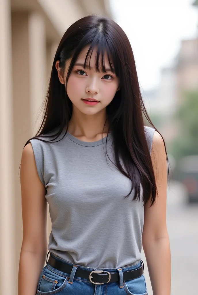 masterpiece, top-quality, 1 beautiful girl, a white cap, (Detailed beautiful eyes), ((Detailed skin)) , ((Detailed medium dark blue hair)), A beautiful girl colorful tank top t-shirt and white ripped jeans, colorfull, RAW photos, Camera angle behind, CG rendering, Blurred background, deep shadow, 16K, bokered, Very detailed, wallpaper, depth of field, movie light,, Ray tracing.